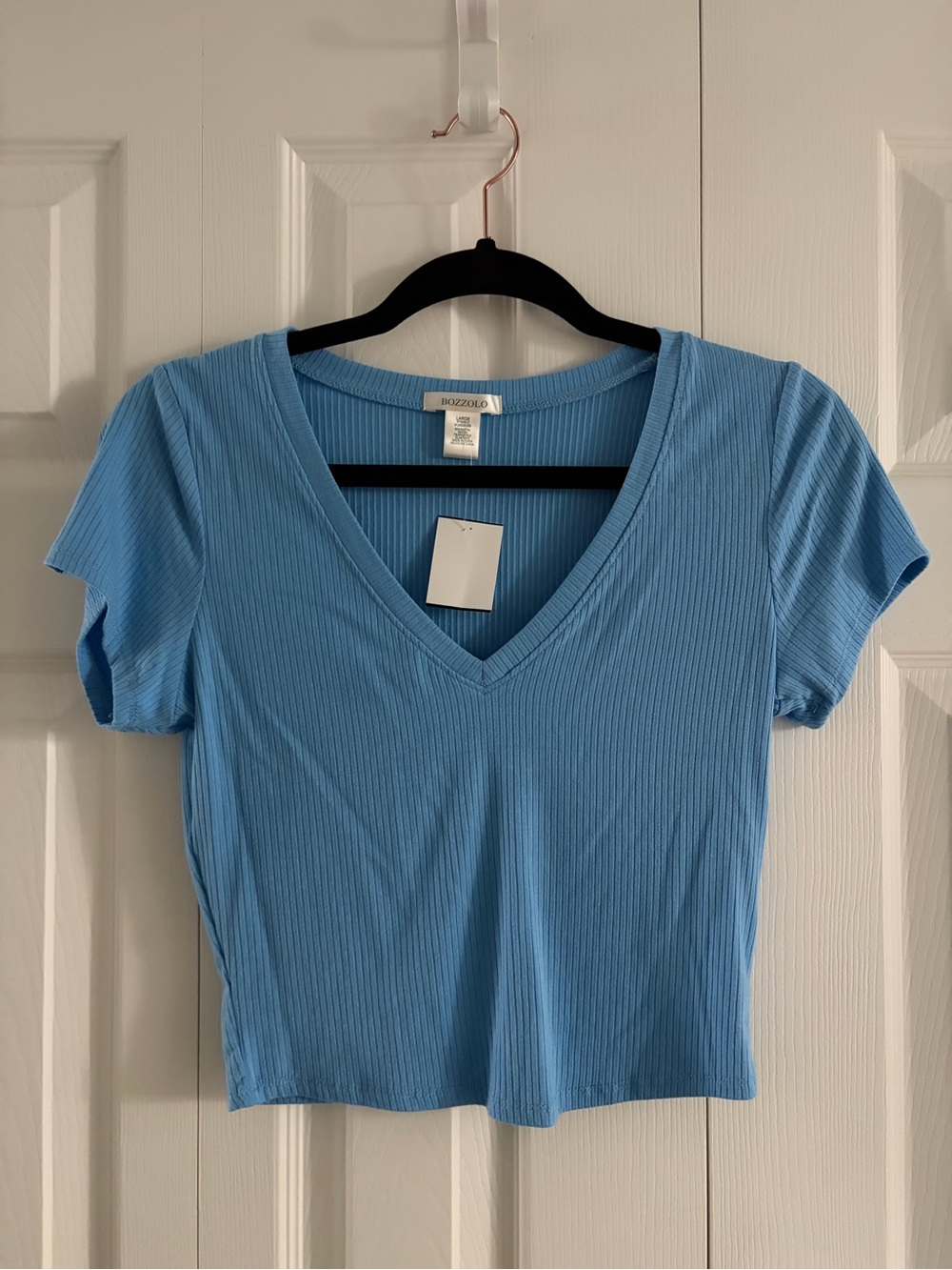 Light Blue Ribbed V-Neck Crop Tee
